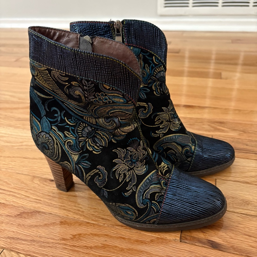 Socofy Bohemian Blue Ankle Boots Booties Heel Tapestry Metallic Unique  37